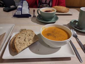 Pumpkin & lentil soup; vegan up to the point a couple of butter pats get added to the plate. D'oh! at Eden Project in St Austell