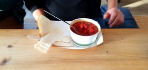 Vegan Kitchen: Beetroot daal and sourdough from the Vegan Kitchen (may be temporary - unclear). 5.95 - not amazing but dad seemed to like it. at Eden Project in St Austell