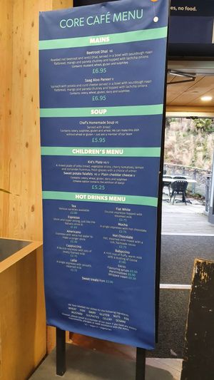 Menu at the Core Café (inside the Core building - closed in winter). at Eden Project in St Austell