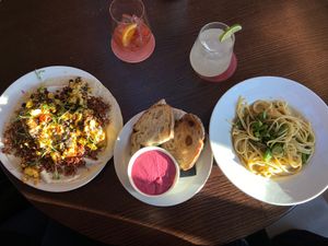 Open Burrito, beetroot hummus, linguini #Veganuary at Wulf & Lamb Chelsea in London