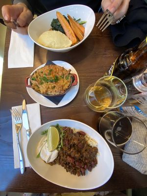 From top to bottom : shepherds pie, mac'n'cheese, chilli non care
  at Wulf & Lamb Chelsea in London