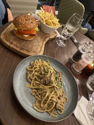 Creamy Mushroom Pasta & Tofu Burger  at Wulf & Lamb Chelsea in London