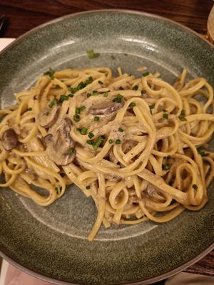 Chestnut mushroom creamy pasta at Wulf & Lamb Chelsea in London