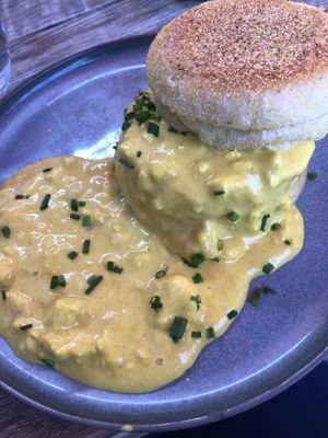 “Scrambled tofu” - salty but not eggy  at Wulf & Lamb Chelsea in London