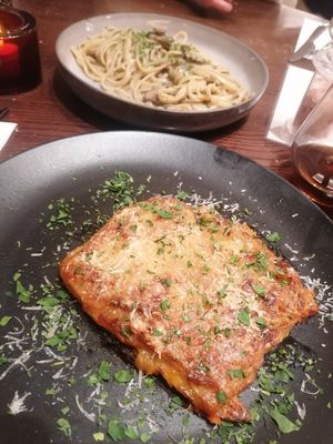 Creamy mushroom pasta and lasagna at Wulf & Lamb Chelsea in London