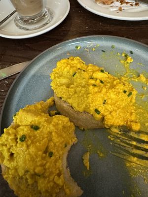 Scrambled tofu with harissa on a muffinn  at Wulf & Lamb Chelsea in London