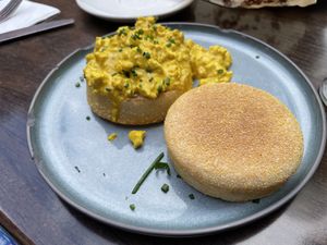 Tofu scrambled English muffinns  at Wulf & Lamb Chelsea in London