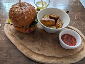Delicious Wulf burger with very tasty wedges at Wulf & Lamb Chelsea in London