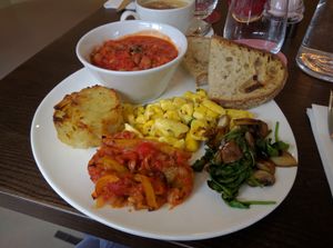 Full Wulf Breakfast [£12.95] – Potato Layer Cake, Borlotti Ragout, Scrambled Ackee, Lemon Spinach, Sauteed Peppers, Toasted Sourdough at Wulf & Lamb Chelsea in London