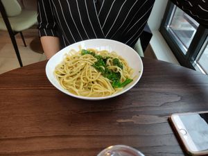 Creamy Linguine [£12.95] - White Wine and Parmesan sauce with some Broccolini at Wulf & Lamb Chelsea in London