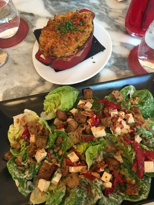Smoked tofu Caesar salad (Y.U.M.) with Mac & cheese side   at Wulf & Lamb Chelsea in London