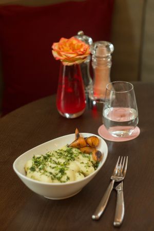Wulf Pie with creamy mash and jackfruit and lentils at Wulf & Lamb Chelsea in London