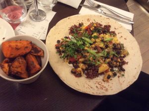 The open Burrito and very good sweet potato wedges at Wulf & Lamb Chelsea in London