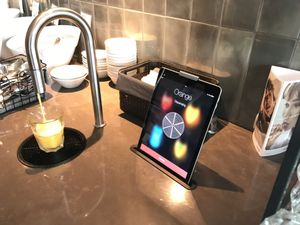 Breakfast drink dispenser (4 beverages: water, orange, apple, and lingonberry) at Scandic Simonkenttä in Helsinki