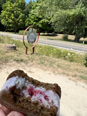 Maine strawberry icecream between gingerbread cookies!   at Frinklepod Farm Store in Arundel