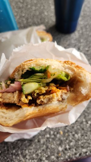 Shredded pork and tofu with ciabatta roll at La Panella in Preston