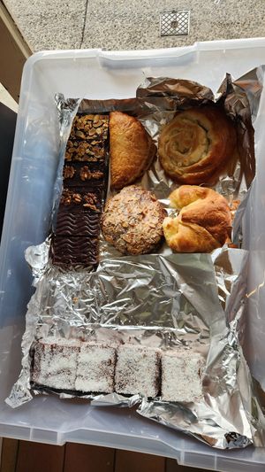 Lamington, caramel slice, walnut slice, almond slice, almond croissant, apple scroll, apple pie at La Panella in Preston