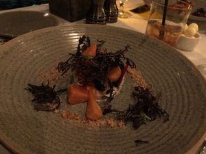 Beets & berries, aged almond cheese, frill mustard, 25 year balsamic, candied hazelnuts at California Market at Pacific's Edge in Carmel-by-the-sea