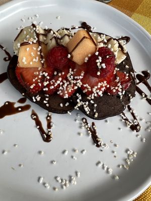 Chocolate pancakes with fruit.  at Ol-Lin Vegan in Ajijic