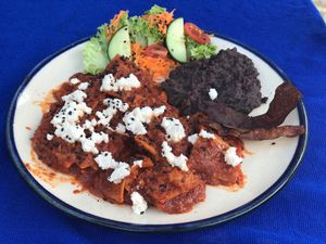 Red Chilaquiles with Black Beans and Salad at Ol-Lin Vegan in Ajijic