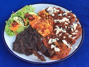 Chilaquiles Rojos con Huevos a la Mexicana y Frijoles Negros - Red Chilaquiles with Eggs and Black Beans at Ol-Lin Vegan in Ajijic