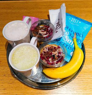 Vegan things (banana, potato chips, mango/granola pudding, almond-covered chocolates and drinks) at Pret A Manger - Av Marceau in Paris