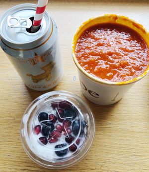Vegan tomato soup and vegan coconut chia pudding 🌷 at Pret A Manger - Av Marceau in Paris
