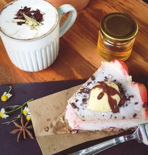 Raw vegan cakes, cacao on house made almond milk  at Seedling in Tulum