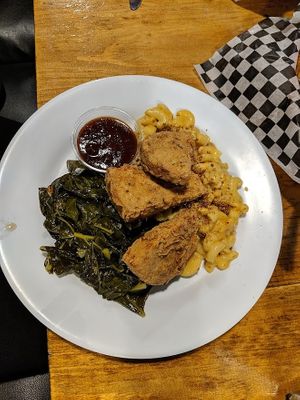 chicken, collards, mac n cheese at The Hogtown Vegan in Toronto