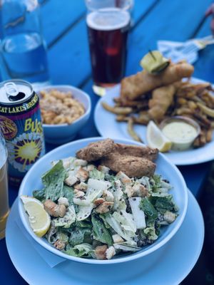 Caesar salad, phish and chips, mac and cheese  at The Hogtown Vegan in Toronto