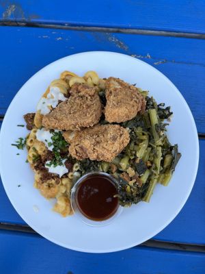 Southern Combo (mac & cheese, fried unChicken, garlic & bacon collard greens)  at The Hogtown Vegan in Toronto