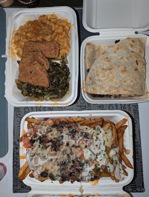 Chili fries, quesadilla, southern combo at The Hogtown Vegan in Toronto