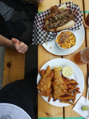 Beef sandwich and phish & chips at The Hogtown Vegan in Toronto