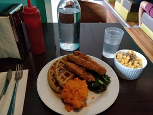 Chicken and waffles+mac and cheese at The Hogtown Vegan in Toronto