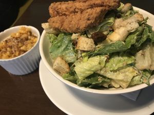 Mac and cheese side with ceasar salad at The Hogtown Vegan in Toronto