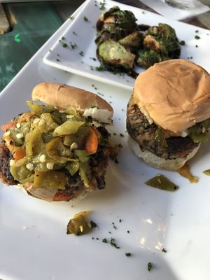 (Vegan) Green chile sliders with a side of Brussels sprouts  at Brixens in Albuquerque