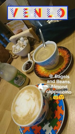 Almond cappuccino and a coffee with organic milk at this lovely place.  at Bagels & Beans in Venlo