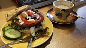 Meatless magic bagel with cappucino  (both vegan) at Bagels & Beans in Venlo