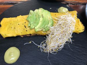 Vegan omelette.  Filled with mushrooms.   at Choux Choux Cafe in Playa Del Carmen
