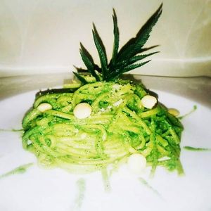 Vegan pesto with "chuchusmuti" and "huacataya" at Nina Vegetariano in Cochabamba