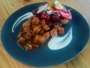 Pique nina, typical dish of Cochabamba at Nina Vegetariano in Cochabamba