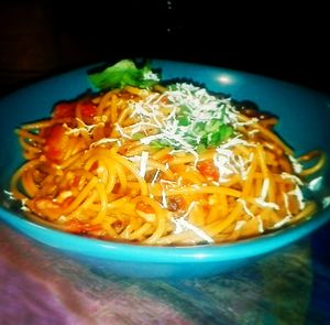 Spaghetti with marinara sauce and basilico at Nina Vegetariano in Cochabamba