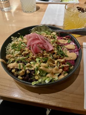 Vegan Bowl is default vegan as is on the menuu  at Taps & Tacos in Port Moody