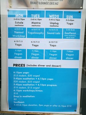 Session times and prices at Bhakti Lounge in Wellington