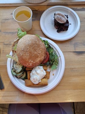 Vegan tofu burger with cornbread fries, salad and brownie! at Bhakti Lounge in Wellington