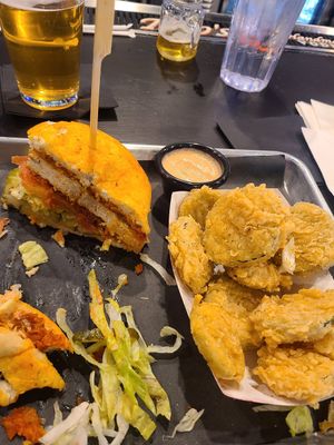 Vegan chicken sandwhich with fried pickles. Medium spice at Flippin' Good in Las Vegas