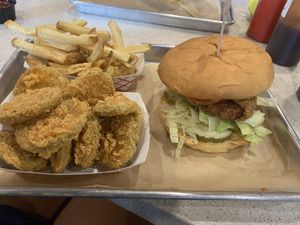 Vegan chicken burguer with fried pickles and fries  at Flippin' Good in Las Vegas