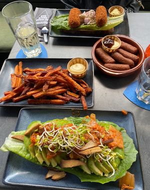 ‘Broodje avocado’ sweet potato fries, mini frikandel & ‘broodje kroket’😋  at Backstage Vegan Kitchen in Rotterdam