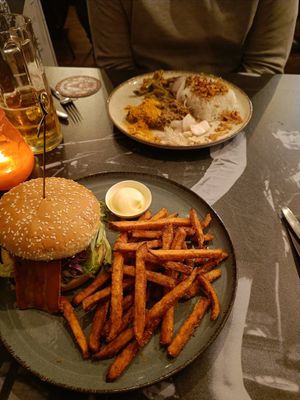 Our plates, burger and rendang at Backstage Vegan Kitchen in Rotterdam
