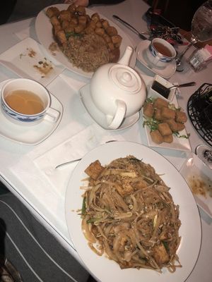 Pad Thai (no egg), fried tofu, General TSO tofu, green tea.  at Cre-Asian in South Bend